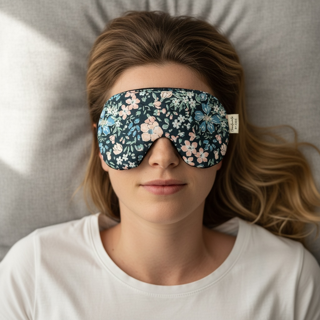 Woman wearing a floral sleep mask in bed